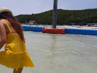 UP Yellow DRESS r NO PANTIES on Public Tropical Beach