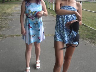 Two girls flashing pussy in public park, upskirt no panties